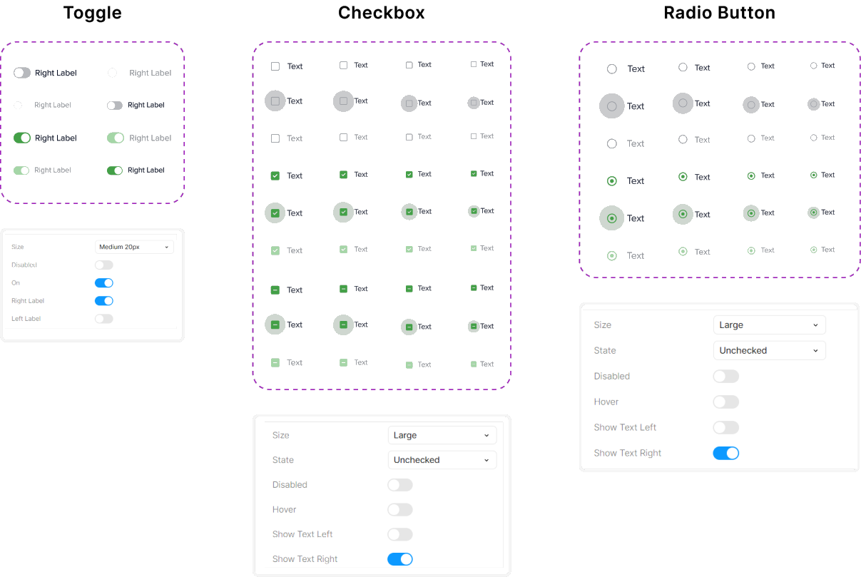 Selection components: toggles, checkboxes, and radio buttons