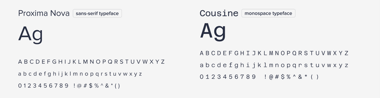 Typeface specimens: Proxima Nova, a sans-serif, and Cousine, a monospace
