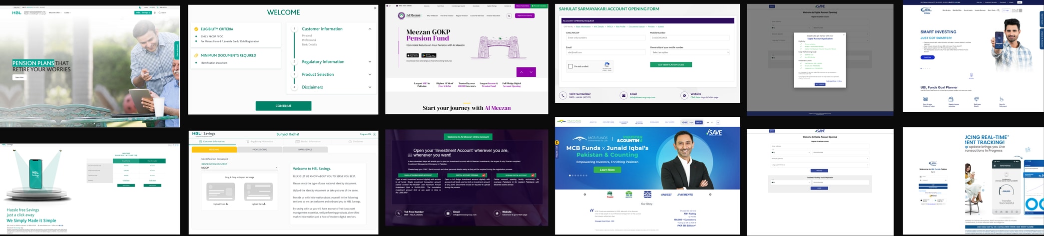 Moodboard: twelve competitor onboarding screens and UI references from HBL, Al Meezan, UBL Funds, MCB and others